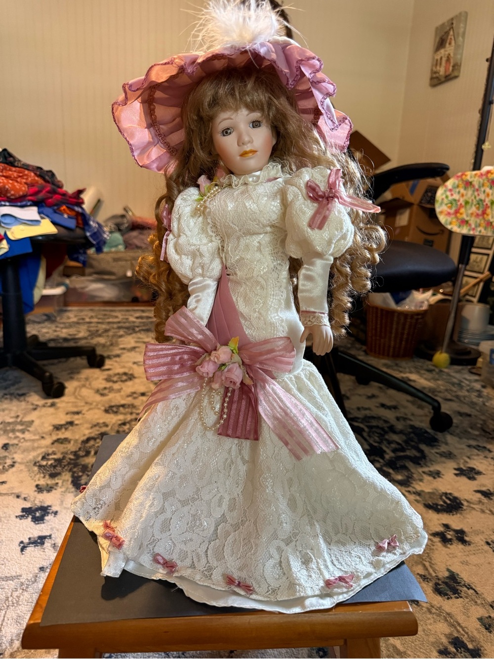 16 inch Porcelain Fashion Doll in White Lace Dress with Pink Accents 1980-90s
